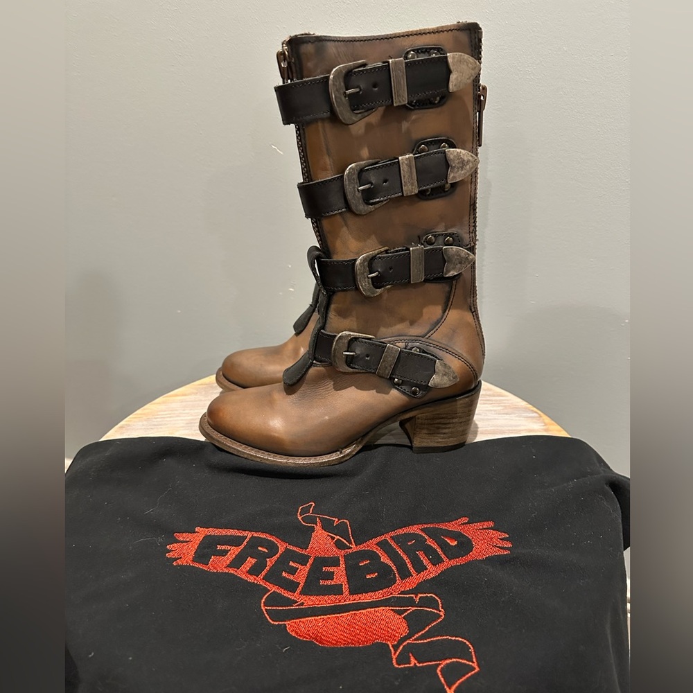 FreeBird Notorious Harness Buckle Zipper detail Brown/Tan Leather Boots 7